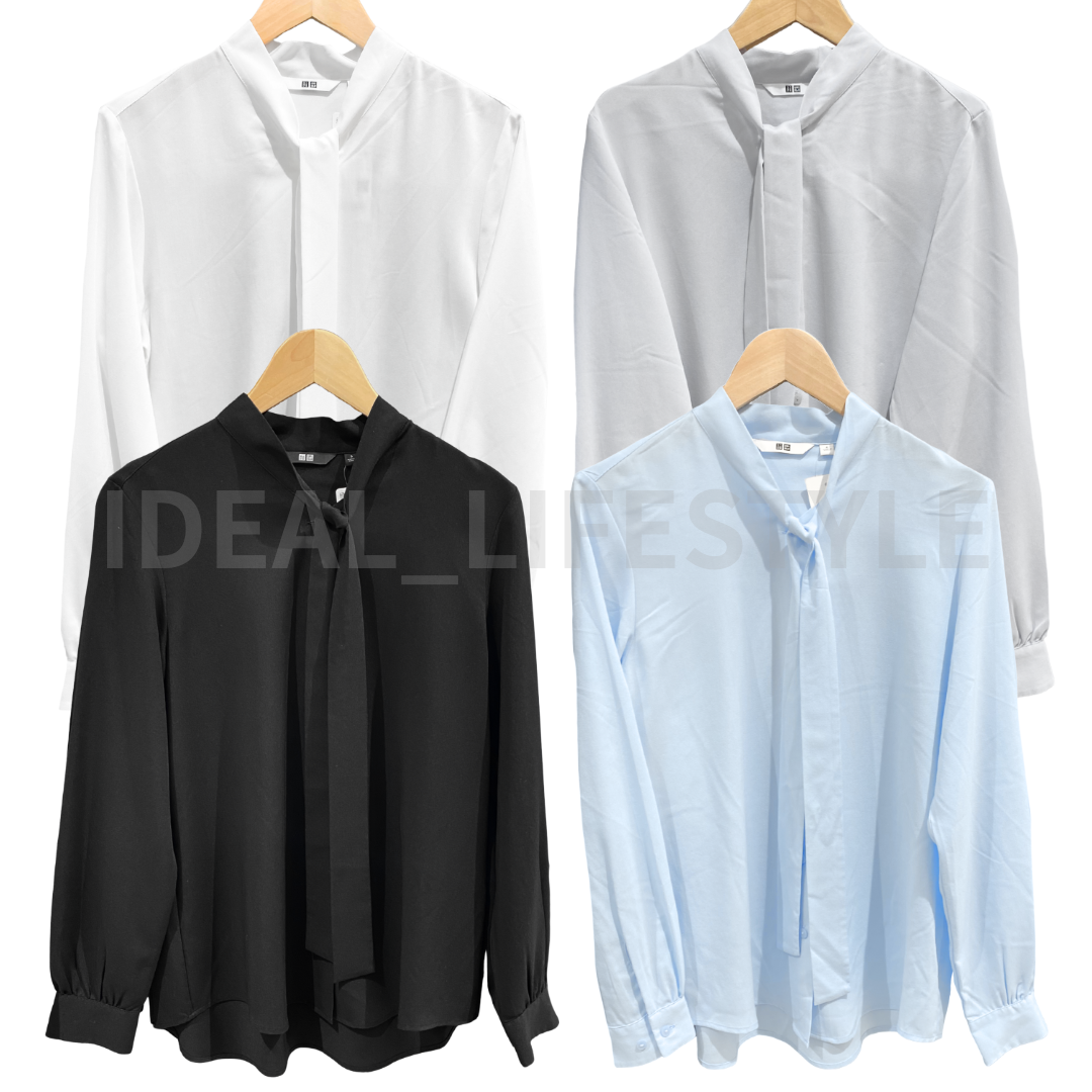 UNIQLO Rayon Bow-Tie Blouse S M L XL XXL 3XL Shirt Long-Sleeve