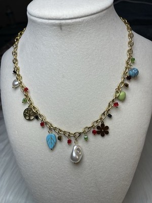 Gold Tone Charm Pendant Necklace with Multicolor Beads Leaf Tree Flower Pearl