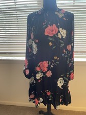 Women's Black Floral Long Sleeve Dress with Ruffle Hem, Multicolor Flower