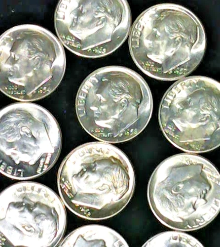 "50's and "60's 90% SILVER ROOSEVELT DIMES BU lot of 10 BEAUTIES + 1 FREEBIE