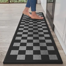 17"x59" Black Gray Checkered Non Slip Washable Kitchen Runner Rug Absorbent