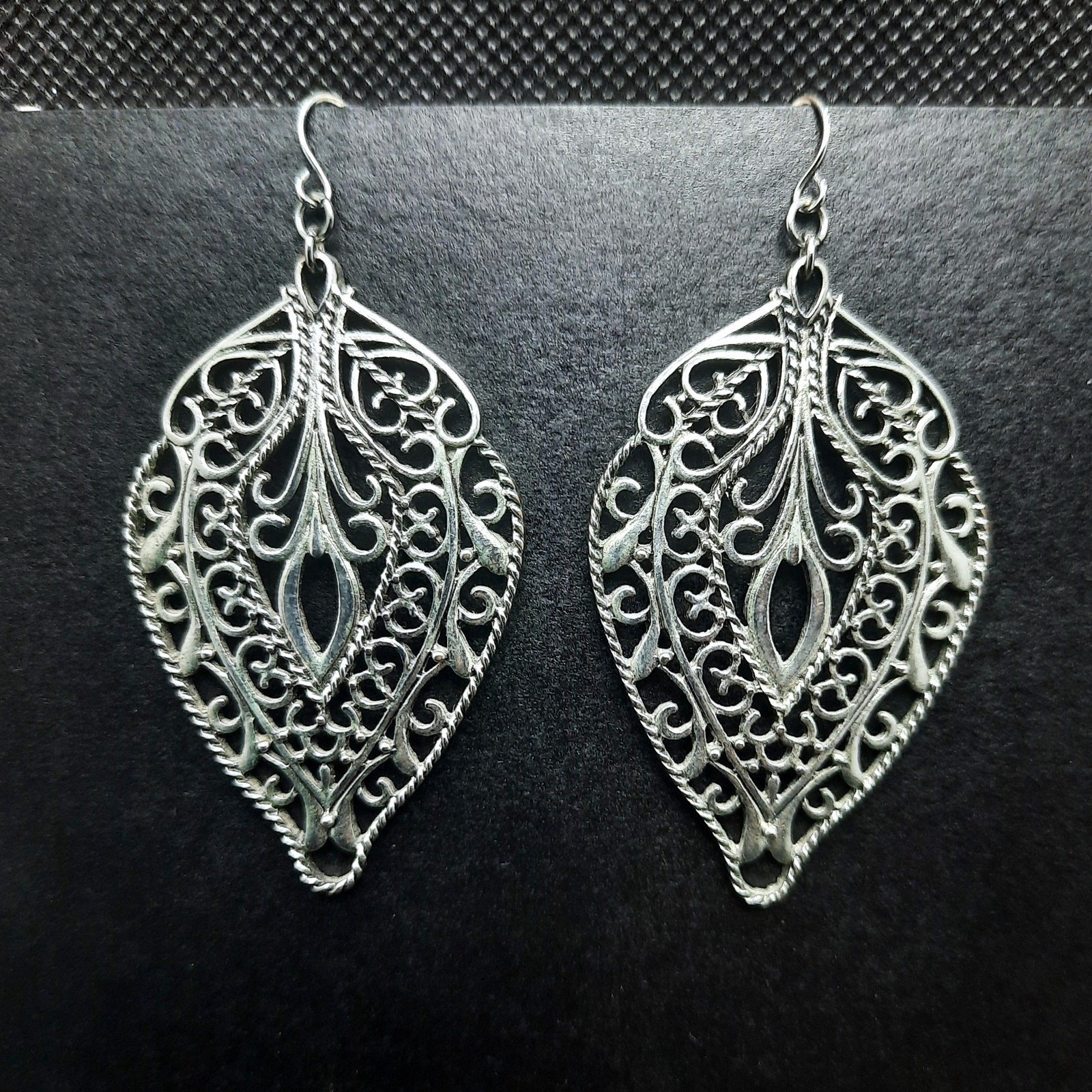 Filigree Large Leaf Earrings Statement Silver Ton… - image 7