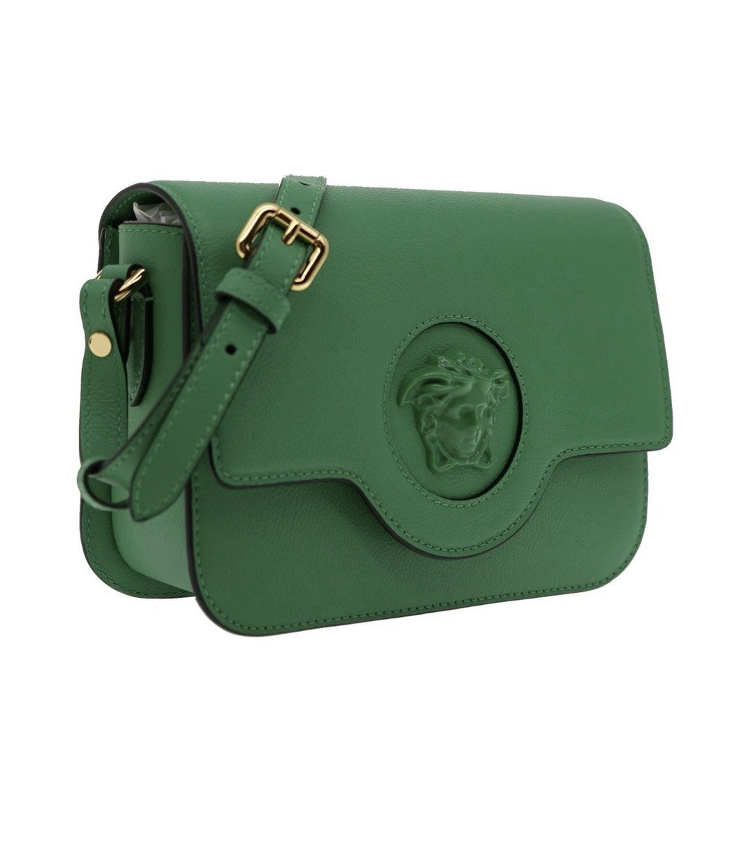 Versace La Medusa Logo Plaque Green Pebbled Leather Crossbody Bag