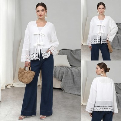 Plus Size Women Tie-Front Long Sleeve Tops Blouse Ladies Dropped Lace Up Tee