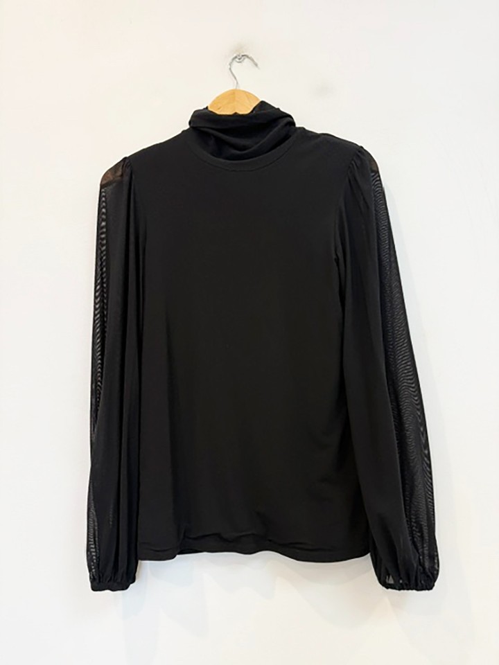 Designer GANNI Size 10 38 Black Sheer Sleeve Mesh Jersey Women's Top