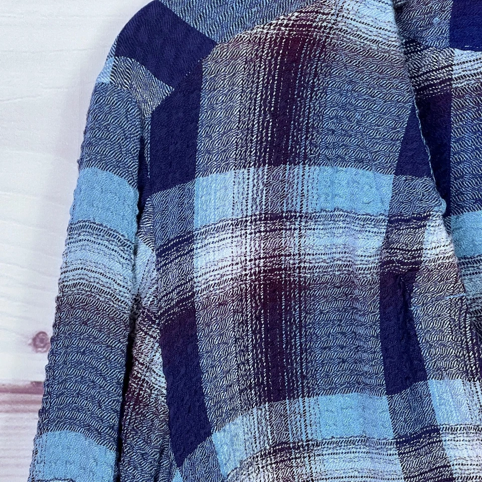 布和石头上衣女式 M 紫色蓝色纽扣衬衫绑带腰纹理针织 — 第 3/4 张图片