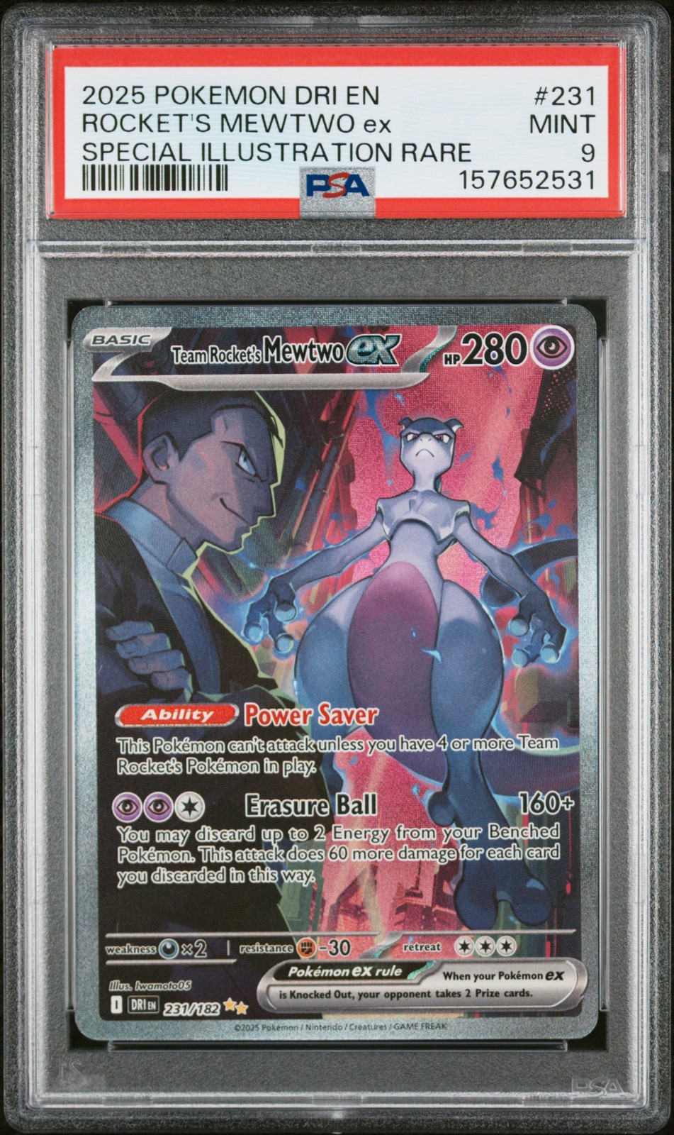 2025 POKEMON DRI EN-DESTINED RIVALS #231 TEAM ROCKET'S MEWTWO EX PSA 9