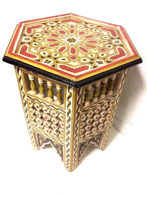 Handmade Moroccan Side Table – Moucharabi Design, Multicolor Painted Wood, 16.5" Square