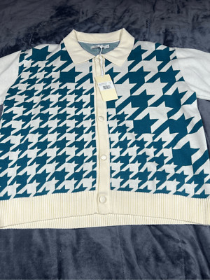 Mnml women s houndstooth knitted cardigan, teal size M (NWT)