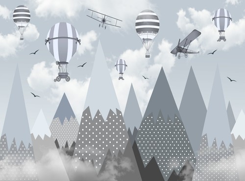 Niños Pared Mural Montañas Aviones Papel pintado Niños Niños Decoración Vivero Globo - Imagen 5 de 8