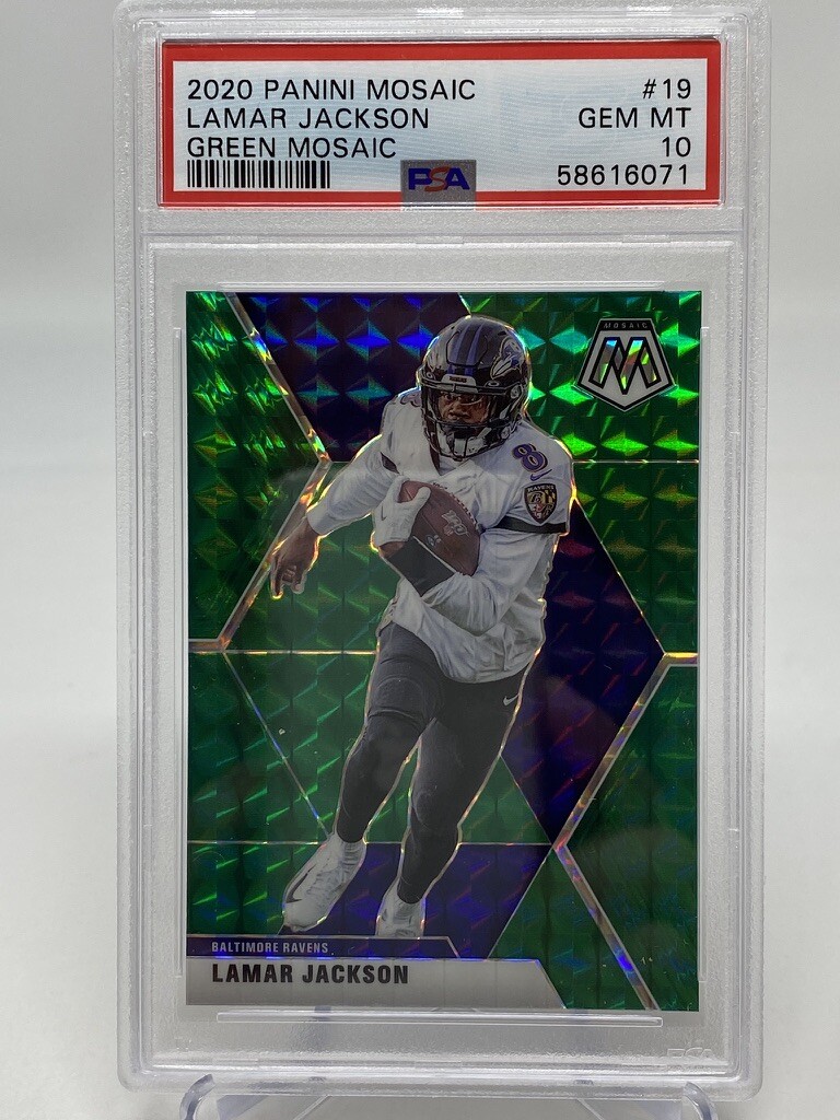 2020 Panini Mosaic #19 Lamar Jackson Green Mosaic - PSA 10 view 4