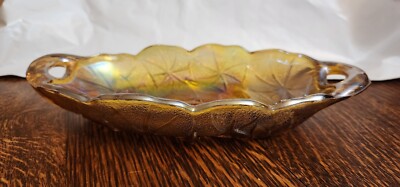 Indiana Carnival Glass  Dish Amber Lily Pons Pattern with Closed Handles 9-1/2 