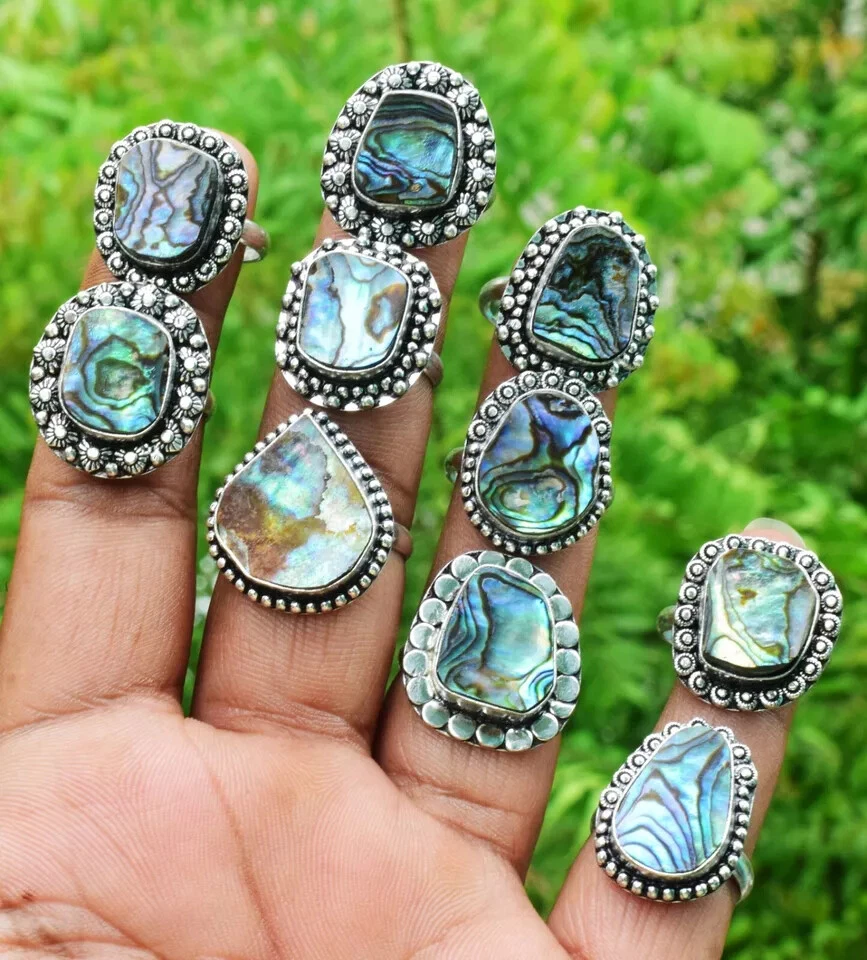 Bonito lote de anillos de cristal con cáscara de abulón ~ anillos hechos a mano ~ anillos de preocupación ~ delicado regalo ~ Foto 2 de 3