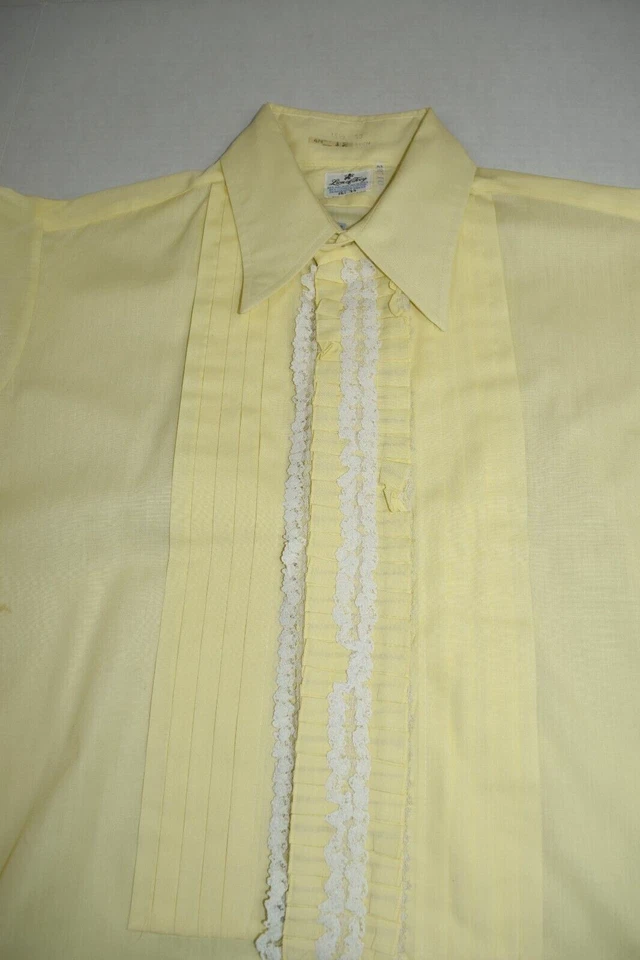 Camisa Esmoquin Vintage Delton Nueva York Talla S Años 70 Rosa Negro Borde Volantes Hecha en EE. UU. Foto 3 de 4