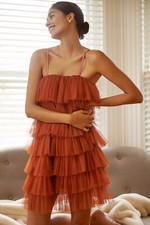 ANTHROPOLOGIE LOVE STORIES RUFFLED TIERED TULLE CRSTAL MINI FAIRYTALE DRESS M