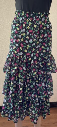 Ann Taylor Layered Tiered Skirt Black Floral Print Medium New With Tags
