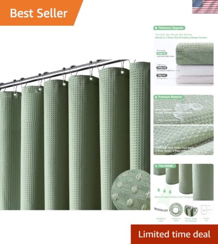 84" Wide Cotton-like Sage Green Shower Curtain - Elegant Waffle Weave Design