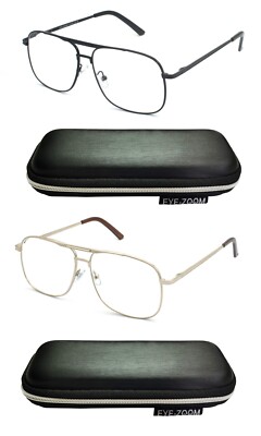 EYE ZOOM 2 Pack Men Metal Square Aviator Style Geek Reading Glasses with Case