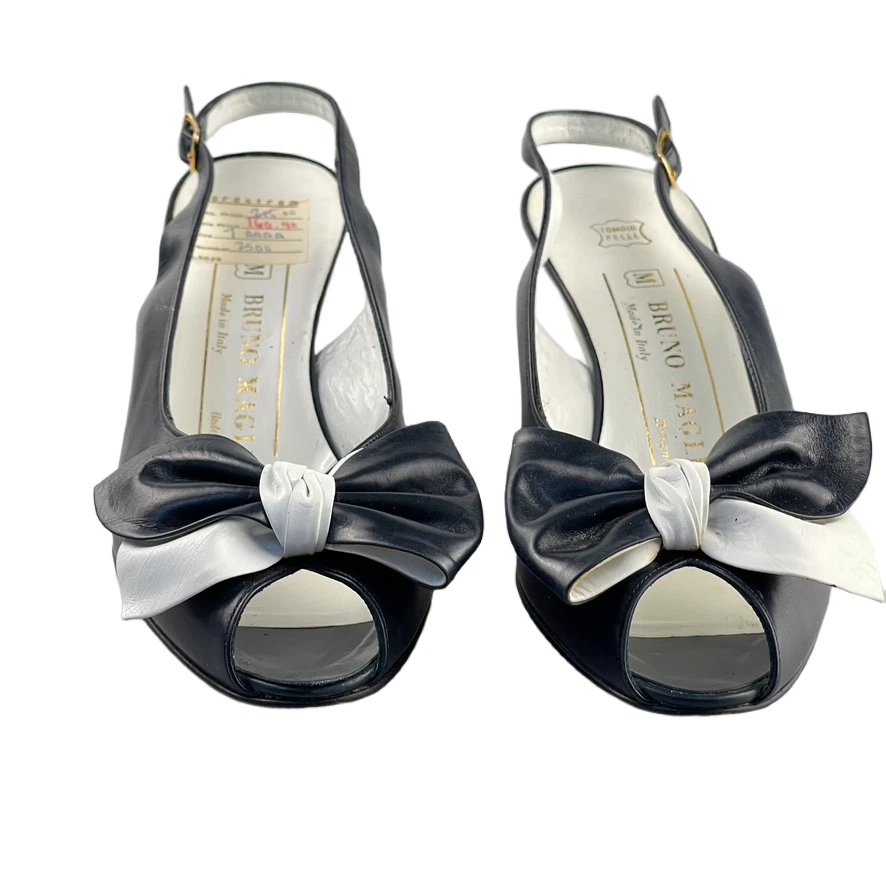 Bruno Magli 鞋 低跟 蓝色+白色 观众 露跟 女式 7-4A 复古 — 第 2/4 张图片