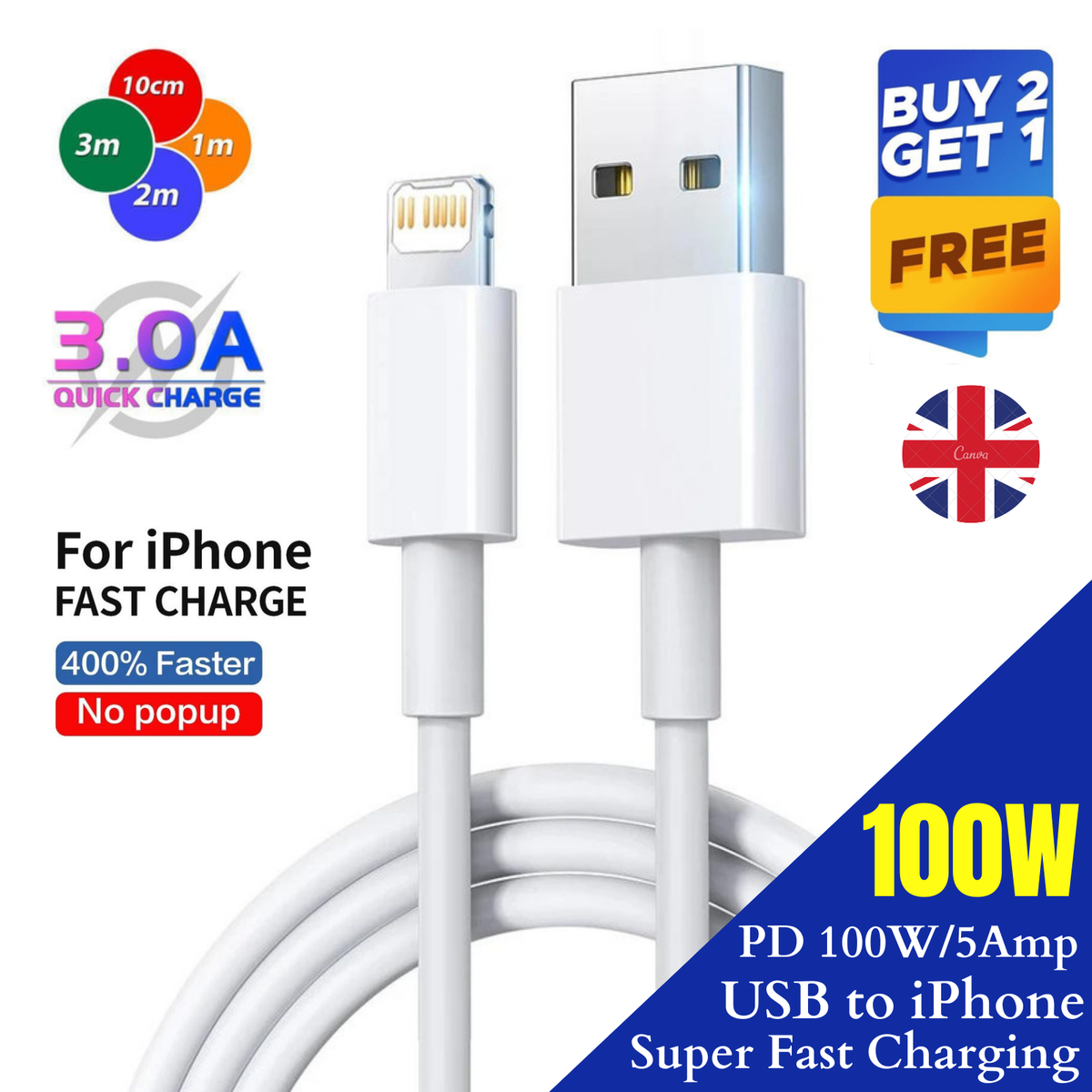 100w Usb Long Iphone Charger 3m 1m 2m 3m Extra Long Charger