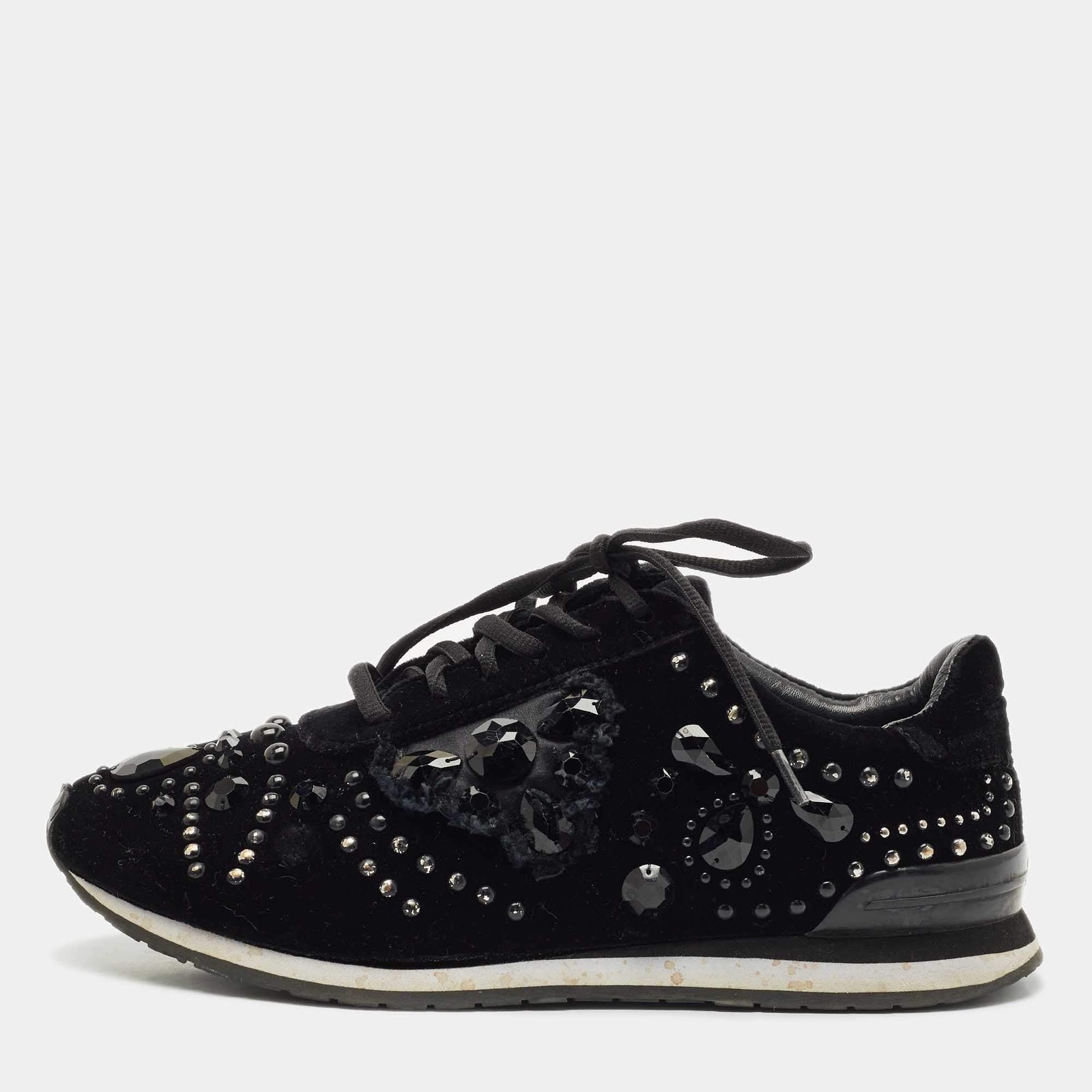 Tory Burch Black Velvet Scarlett Crystal Embellished Sneakers Size 37.5