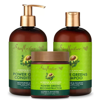 Shea Moisture Moringa & Avocado Shampoo, Conditioner & Rekonstruktor-Maske Set