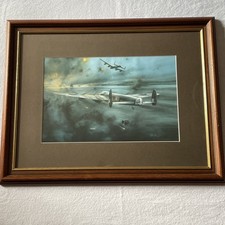 VTG Framed Lithograph Lancaster Bomber In Sky  Signed Robert Taylor 38cm/49cm