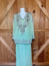 Vintage 1980s Sequins Originals Beaded Silk Two Piece Formal Set Plus Size 1X–2X