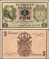 Sweden 5 Kronor, 1948, P-41a, UNC, Commemorative, 90th Birthday of King Gustav V