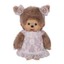 8" Monchhichi Beige Girl  - in White Lace Dress, Lace Ribbon Ponytail and Brown