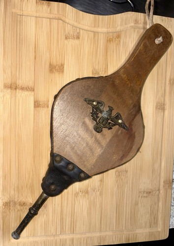 Antique Wood & Leather Fireplace Bellows with Brass Eagle Decoration