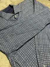 BUGATCHI Shaped Fit Men's L Blue/White Geometric Woven Long Sleeve Button-Up