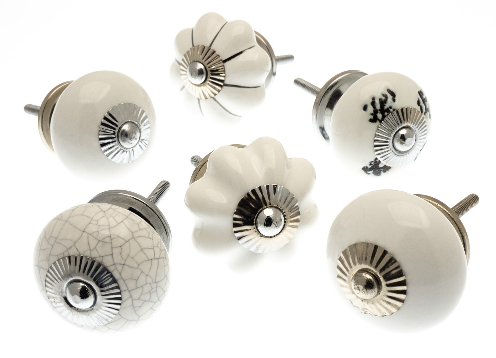 Pomos Puerta en Blanco y Plateada Crackle Envejecido - Conjunto De 6 Armario