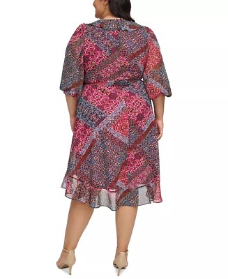 NEW Jessica Howard Plus Size 16W Printed Faux-Wrap Dress Red $139