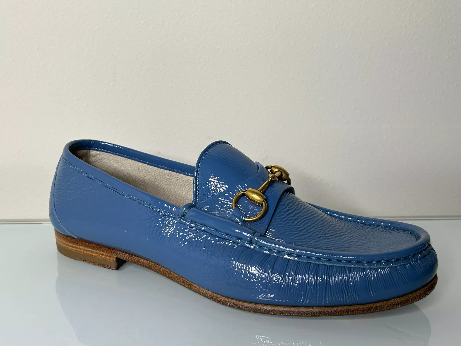 Mocassin homme Gucci bleu cuir verni Horsebit à enfiler 8 G / 9 US