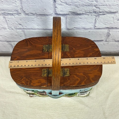 VTG Wood Woven Basket Purse Hand Painted Signed Double Hinge Colonial Village - Picture 9 of 11