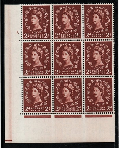 GB 1955-58 SG543 2d Red-Brown Cyl 7dot Block of 9 with Blade Drag Error (TT214)