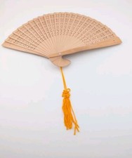 Sandalwood Folding Fan Japanese Chinese Sensu Openwork Gold Tassel Vintage Box