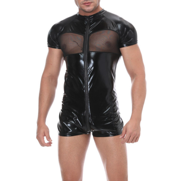 Nightclub Jumpsuit Costume Faux Leather Short Sleeve Top Mesh Translucent Tshirt-image