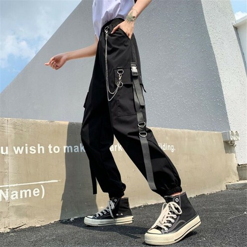 Womens Gothic Cargo Jogger Pants Strap 