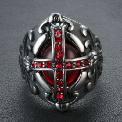 Gothic Cross Vampire Red CZ Blood Ring Stainless Steel Men