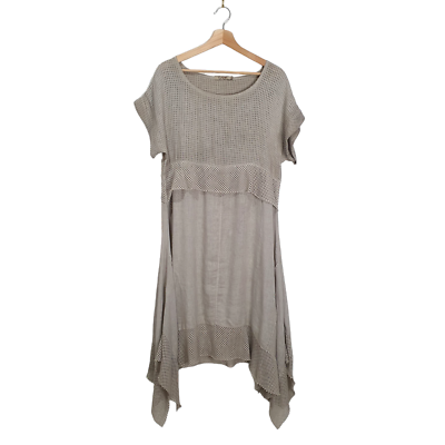 7 Agosto Italy M Taupe Linen Cotton Mesh Accent Lagenlook Prairie Midi Dress  | eBay UK
