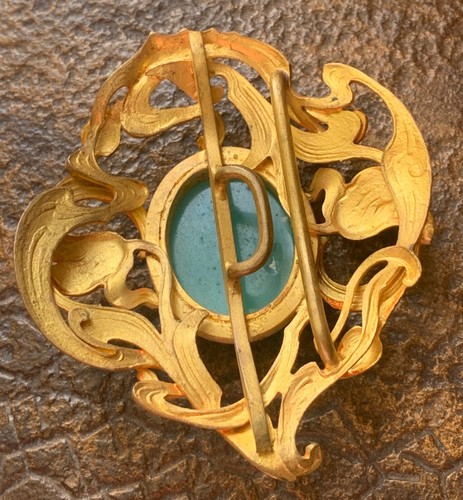 Boucle de ceinture art nouveau bronze doré cabochon en ouraline décor floral - Picture 6 of 8