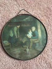 vintage antique  chimney flue cover 9 inch round   old couple and baby