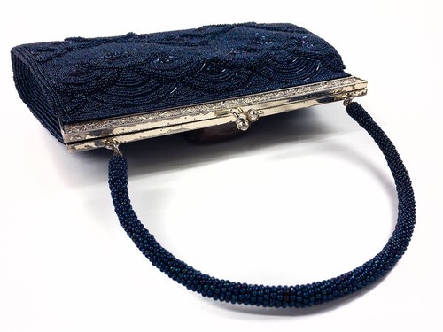 Vintage japanische schillernde blaue Seigaiha Handtasche aus den 1960er Jahren mit Perlen 17. August-A - Bild 3 von 12