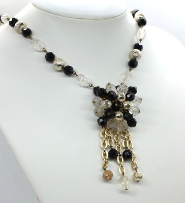 VINTAGE Miriam Haskell era cluster necklace black/silver/clear 