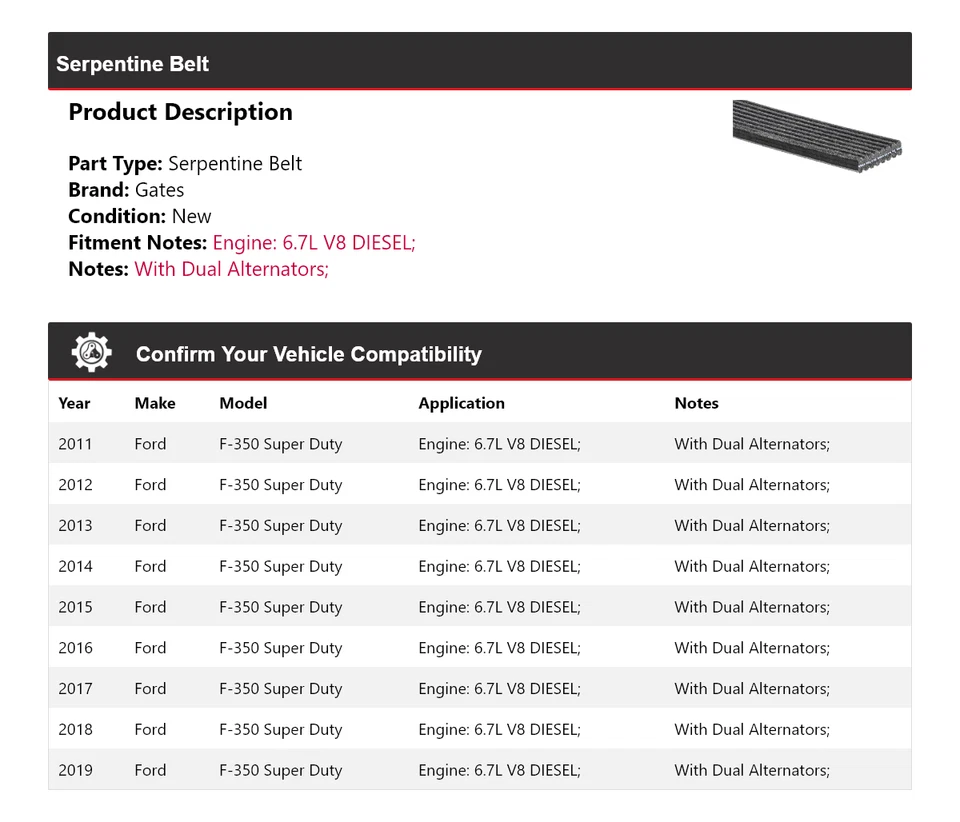 Portões de cinto serpentina 2012 para 2011-2019 Ford F-350 Super Duty 6.7L V8 DIESEL - Imagem 2 de 4