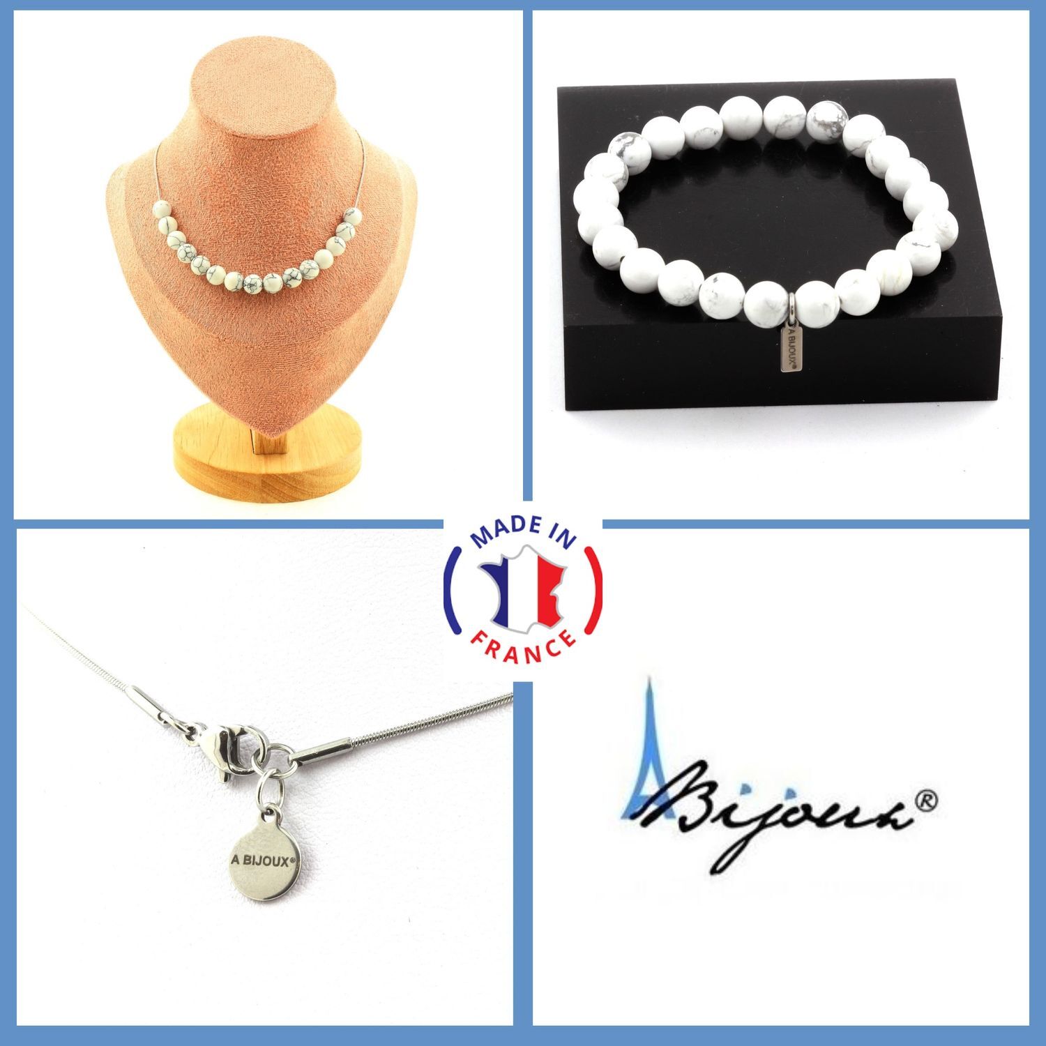 Parure bracelet collier en howlite 8 mm et bijoux en pierres et minéraux lithothérapie