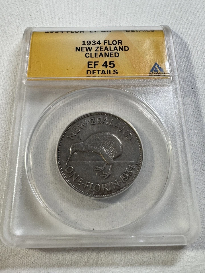 1934 New Zealand 1 Florin Silver Coin Graded XF 45 Details Cleaned by ANACS - Image 2 of 4