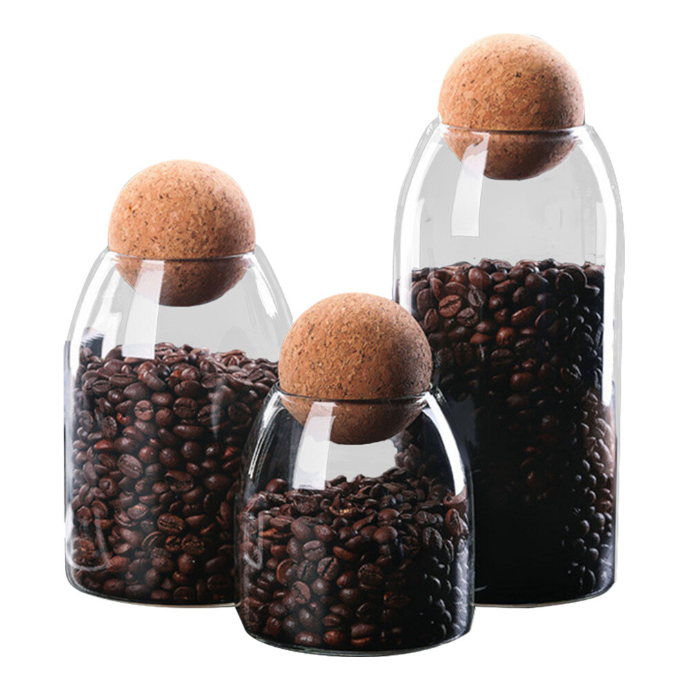 Set of Tea Coffee Sugar Glass Storage Jar with Cork Ball Glass Jars  Canisters